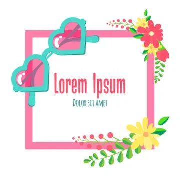 Flat style frame with flowers, sunglasses and place for text. Banner for spring Stock Illustration