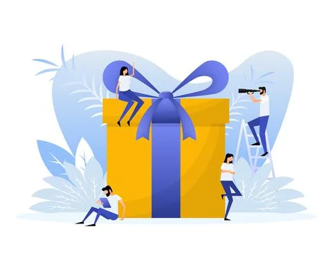 Flat style gift box people for promotion design. Flat vector illustration Stock Illustration
