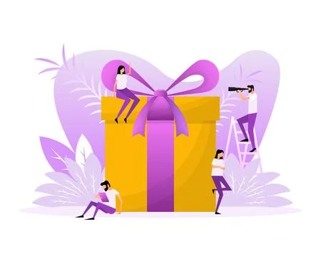Flat style gift box people for promotion design. Flat vector illustration Stock Illustration