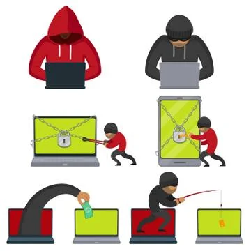 Flat style hackers using laptop, stealing money Stock Illustration