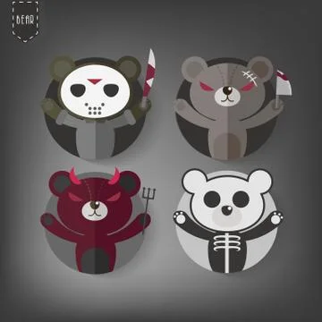 Flat Style Halloween teddy bear Vector Icon Set,Dark Teddy bear Illustrazione stock