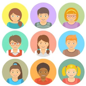 Flat Style Happy Smiling Different Races Kids Faces Stock Illustration