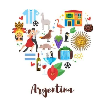 Flat style heart shape composition of Argentina national cultural symbols. Stock Illustration