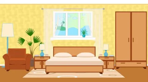 Flat style hotel room interior with furniture, houseplant, ocean Stock Illustration