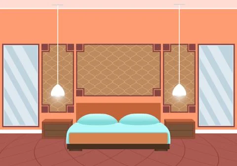 Flat style hotel room interior with furniture and huge mirrors. Stock Illustration