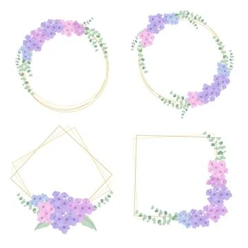 Flat style hydrangea flower bouquet wreath  with golden luxury frame Illustrazione stock