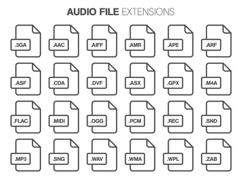 Flat style icon set. Audio, song, voice recording file type, extencion. Document Stock Illustration