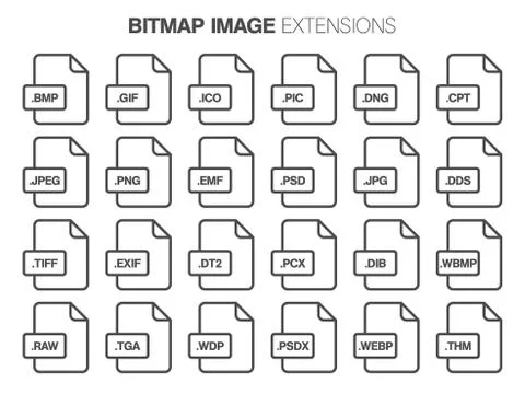 Flat style icon set. Bitmap image file type, extencion. Document format. Stock Illustration
