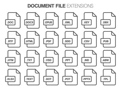 Flat style icon set. Document, text file type, extencion. Document format Stock Illustration