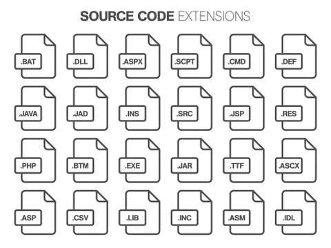 Flat style icon set. Source code, programming file type, extencion. Document Illustrazione stock