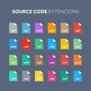 Flat style icon set. Source code, programming file type, extension. Document 库存插图