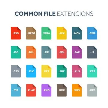 Flat style icon set. System file type extencion. Document format. Pictogram, web Illustrazione stock