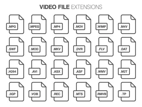 Flat style icon set. Video, movie, film file type, extencion. Document format. Stock Illustration