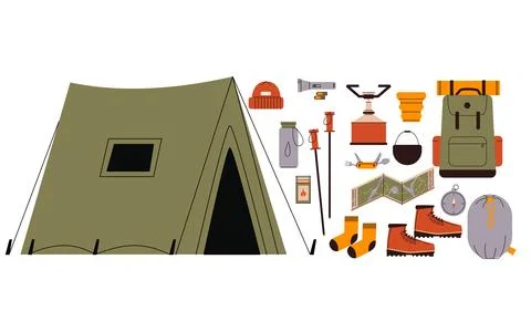 Flat style illustration of camping essentials with a large green tent on the Stock Illustration