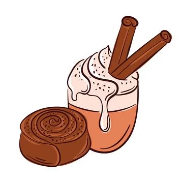 Flat style illustration of cinnamon bun, stick and coffee with whipped cream for Stock Illustration