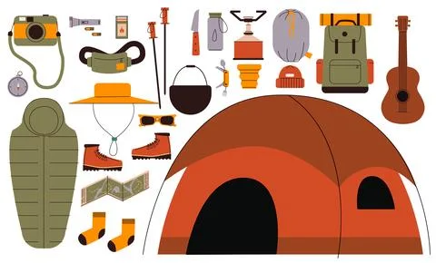 Flat style illustration of essential camping gear including tent, backpack Illustrazione stock