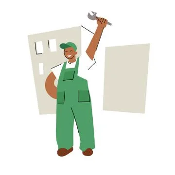 Flat style illustration of a plumber or repair worker happy smiling on a Illustrazione stock