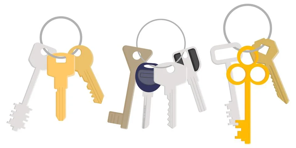 Flat style illustration showing multiple bunches of keys on rings, featurin.. Stock Illustration
