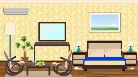 Flat style interior of a hotel room with rest zone, furniture, d Stock Illustration