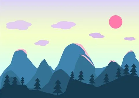 Flat style landscape mountain forest sky sunset Illustrazione stock