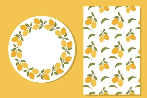 Flat style lemon frame and seamless pattern with green leaves on white back.. Stock Illustration