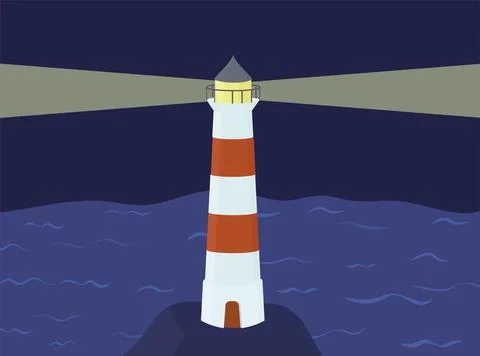 Flat style lighthouse in the night sea background Stock Illustration