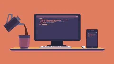 Flat style loop animation of a computer with code. Stock Footage 289373008