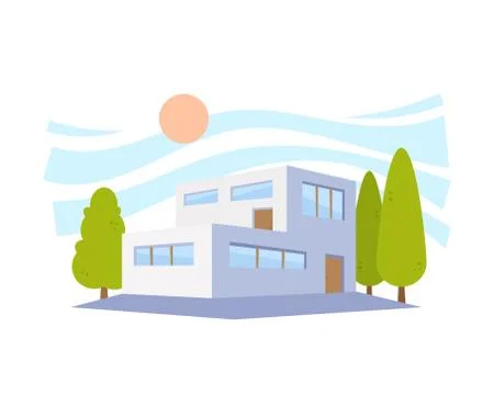 Flat Style Modern Architecture House with Green Trees. Vector Illustration in Stock Illustration