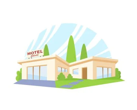 Flat Style Modern Architecture Motel with Green Lawn and Trees. Vector Drawing Illustrazione stock