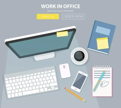 Flat Style Modern Design Concept of Creative Office Workspace. Icons Collection Stock Illustration