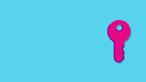 Flat style pink key with soft shadow on cyan background. Playful and colorful Stock Footage 312124413