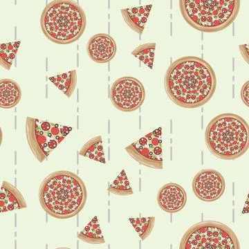 Flat style pizza vector seamless pattern, pizza texture, Stock Illustration