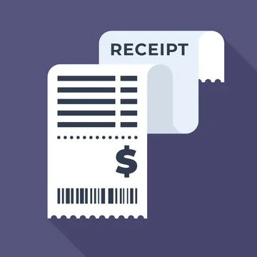 Flat Style Printed Receipt Icon with Dollar Symbol and Barcode on Dark Back.. Illustrazione stock