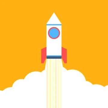 Flat style rocket rising on orange background Illustrazione stock