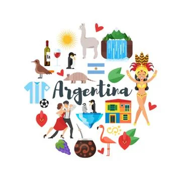 Flat style round composition of Argentina national cultural symbols. Stock Illustration
