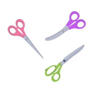 Flat style scissors set. Types of colored scissors set isolated on a white .. Stock Illustration