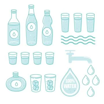 Flat style. Set of bottles of water. Icons. Use for card, poster, brochure, b イラスト素材