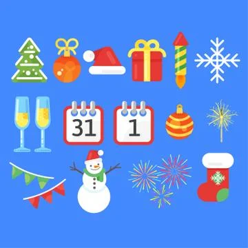 Flat style set of Christmas or New Year icons. Stock Illustration