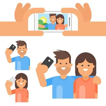 Flat style set of happy man and woman taking selfie. Stock Illustration