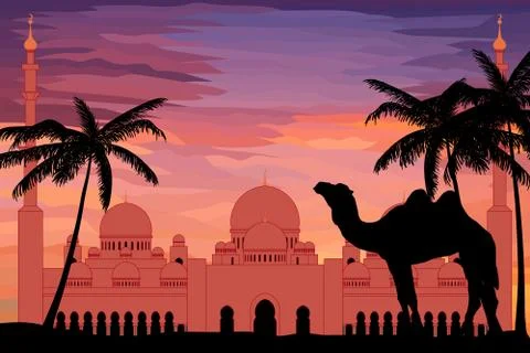 Flat style Sheikh Zayed Grand Mosque in the sunset 스톡 일러스트