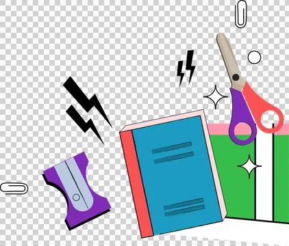 Flat style stationery is showcasing book and folder, scissors and icons on Stock Illustration