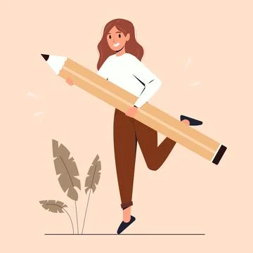 Flat style student with abig pencil. Education. 库存插图