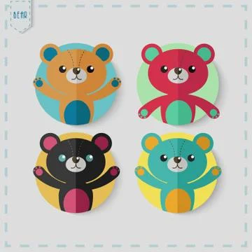 Flat Style teddy bear Vector Icon Set. Stock Illustration