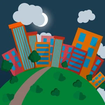 Flat Style Urban Landscape at night Stock Illustration