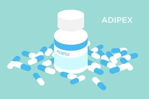 Flat-style vector of Adipex weight loss medicine blue and white 37.5 mg capsules Stock Illustration