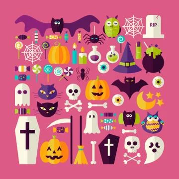 Flat Style Vector Big Set of Halloween Holiday Objects and Elements Stock Illustration