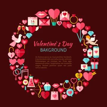 Flat Style Vector Circle Template Collection of Valentine Day Objects Illustrazione stock