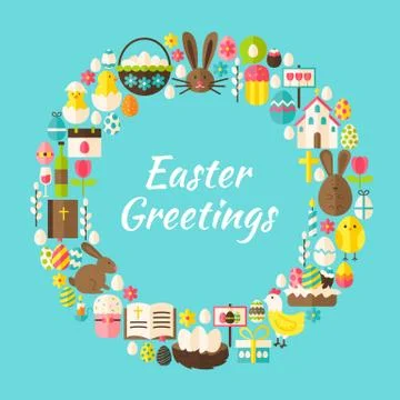 Flat Style Vector Circle Template Collection of Easter Greeting Objects Illustrazione stock