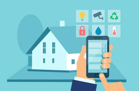 Flat style vector concept of smart house technology system with centralized c Stock Illustration