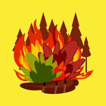 Flat style vector illustration of bonfire with forest in the background. Stock Illustration